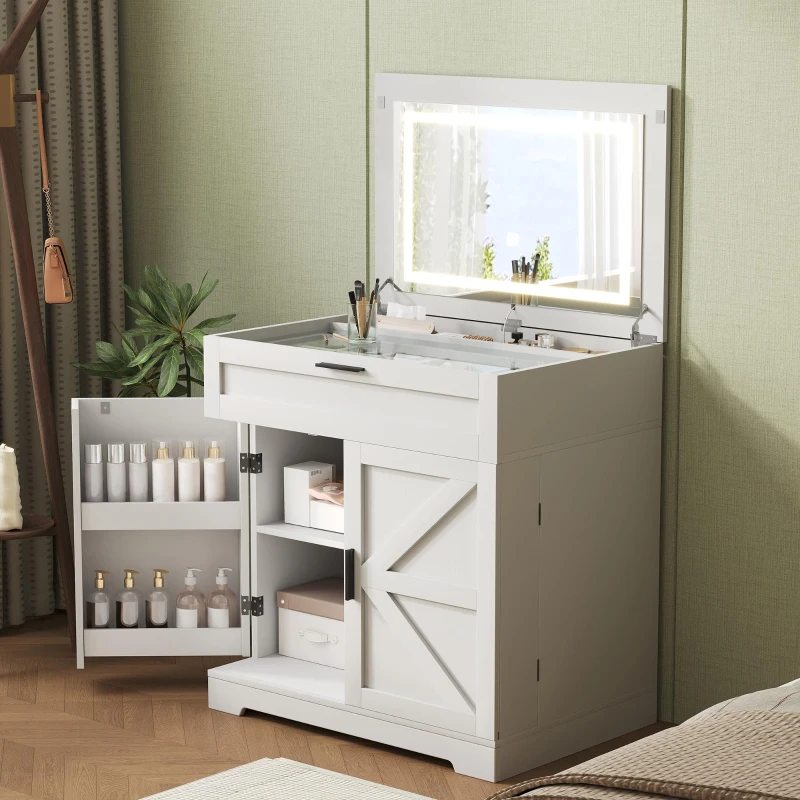 Versatile 3-in-1 Flip Top Makeup Vanity Cabinet with LED Lighted Mirror, Rustic Dressing Table for Bedroom, 26.5'' L x 19.5" W x 29.5" H, White