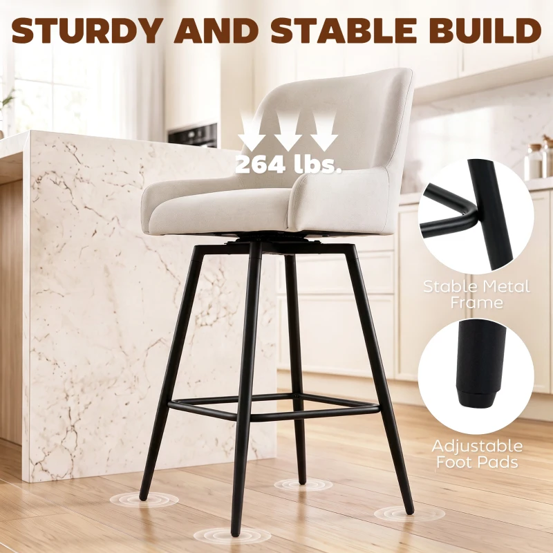HOMCOM Kitchen Island Chairs Counter Height Bar Stools with Swivel Linen Seat and Footrest, Cream White