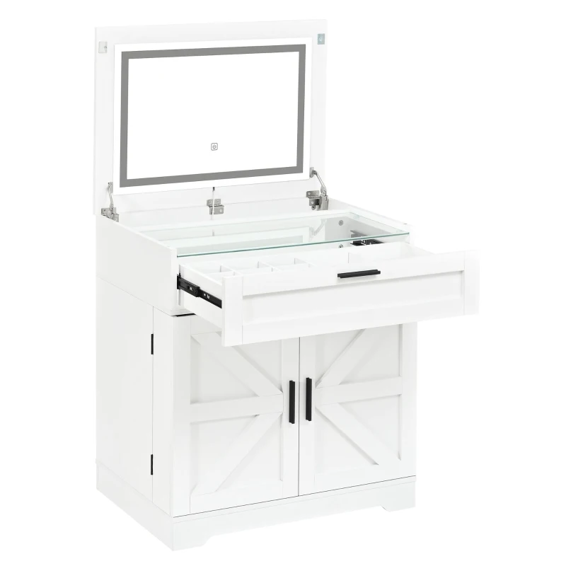 Versatile 3-in-1 Flip Top Makeup Vanity Cabinet with LED Lighted Mirror, Rustic Dressing Table for Bedroom, 26.5'' L x 19.5" W x 29.5" H, White