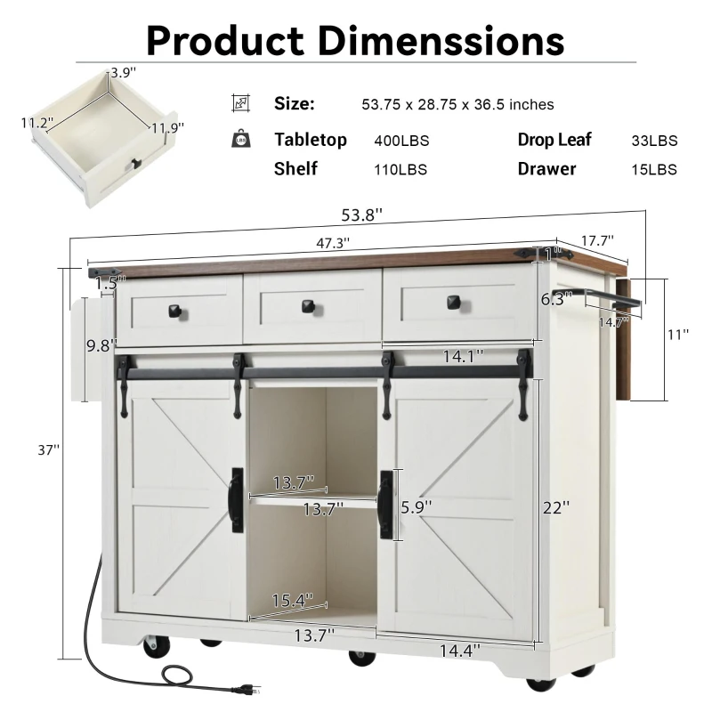 Farmhouse Kitchen Island with Power Outlet, Drop Leaf and Sliding Barn Doors, Versatile Rolling Cart for Kitchen, 53.5'' L x 18.5" W x 37" H, White