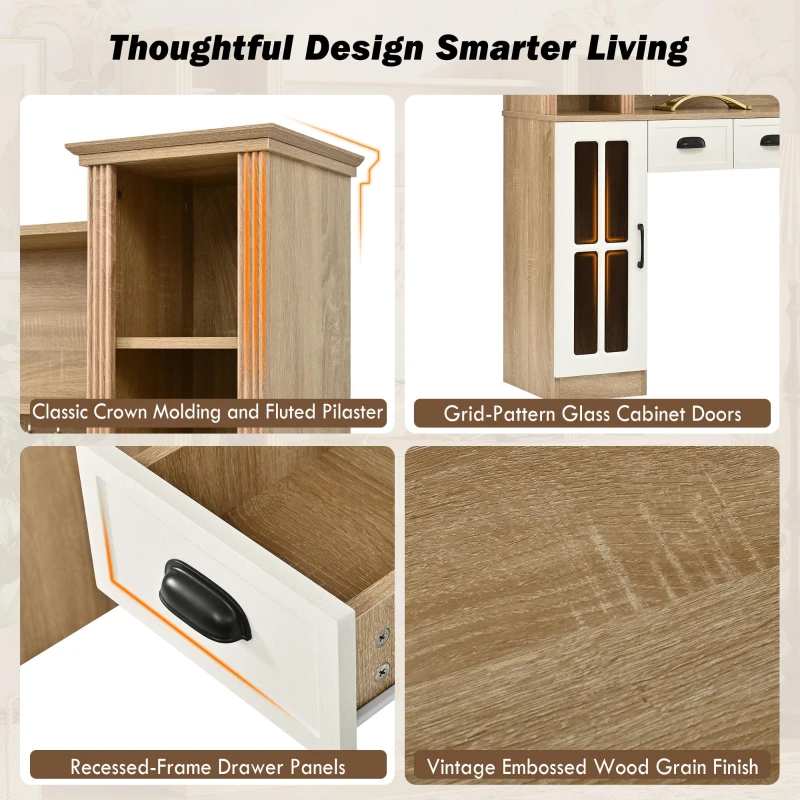Farmhouse Makeup Vanity with LED Mirror and Power Outlet, Chic Dressing Desk with Jewelry Organizer, 54.5'' L x 15.5" W x 70" H, Natural+White