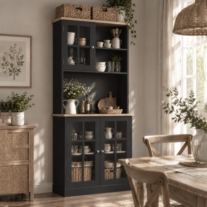 HOMCOM 72" Kitchen Pantry Storage Cabinet with Hutch, Large Countertop, Glass Doors and Adjustable Shelves, Black