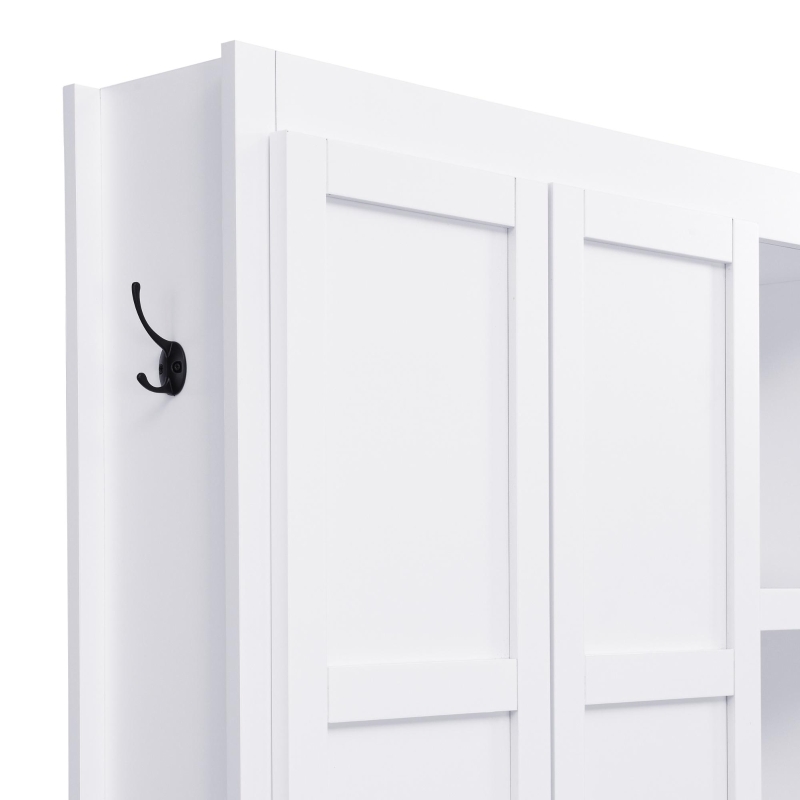 Rustic 4-in-1 Hall Tree Coat Rack with 4 Cabinets and 6 Sturdy Hooks, Shoe Storage Bench Unit for Mudroom, 63'' L x 15.5'' W x 76.5'' H, White