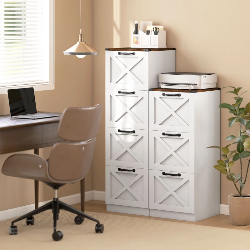 HOMCOM Vertical Storage Drawers Farmhouse X Pattern Printer Stand Fits Letter Files 4 Drawers White