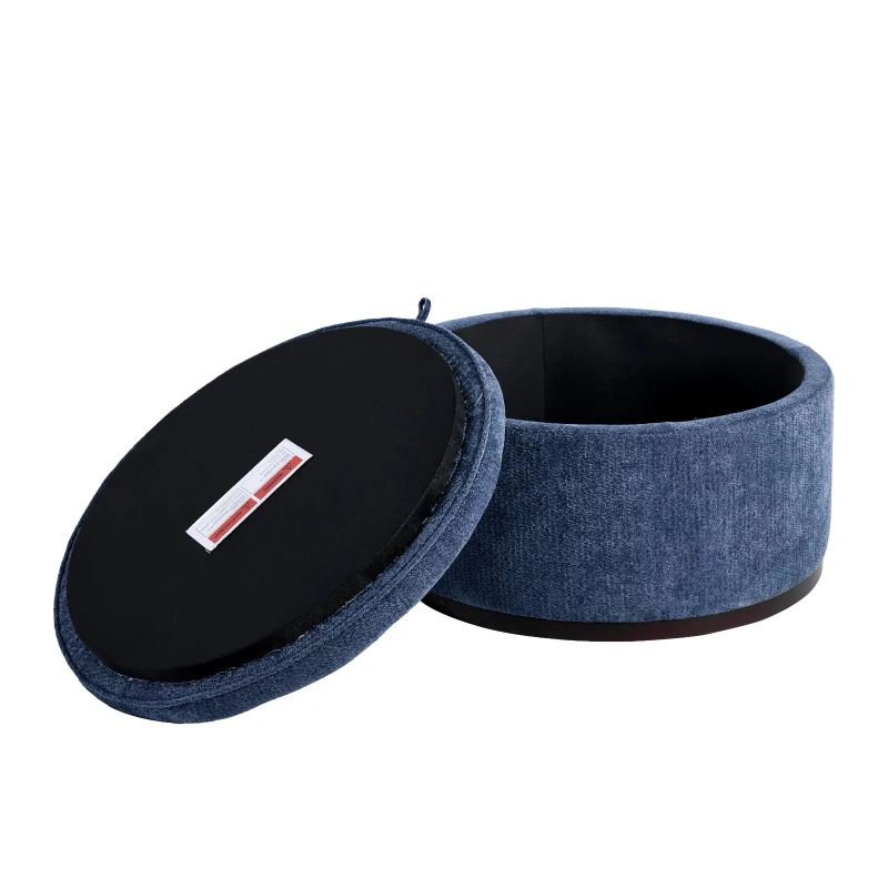 Elegant Round Storage Ottoman with Tufted Chenille and Removable Lid, Versatile Coffee Table for Living Room, 28'' L x 28" W x 16.5" H, Blue