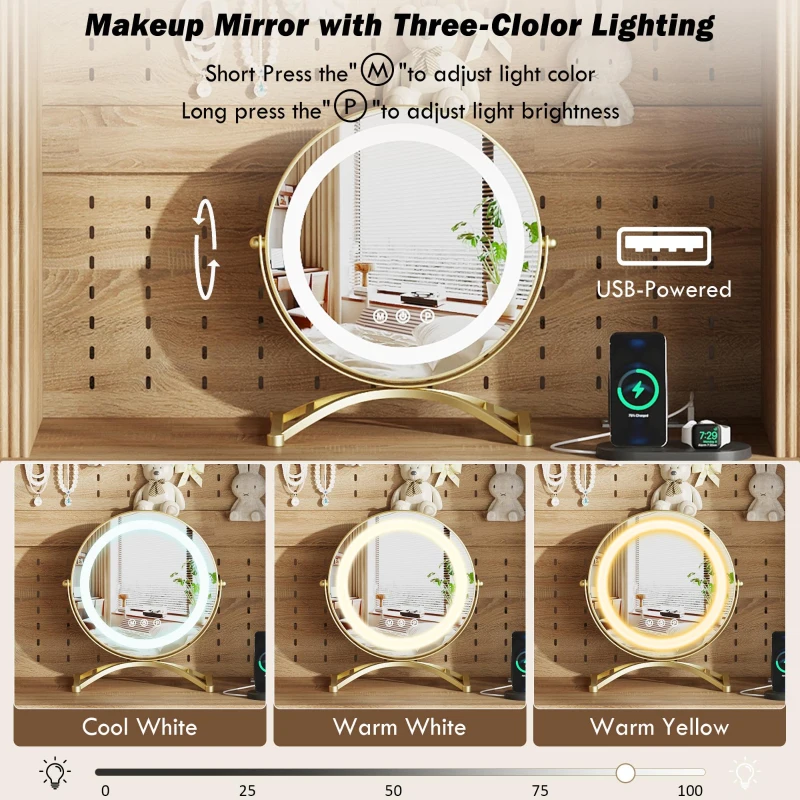 Farmhouse Makeup Vanity with LED Mirror and Power Outlet, Chic Dressing Desk with Jewelry Organizer, 54.5'' L x 15.5" W x 70" H, Natural+White