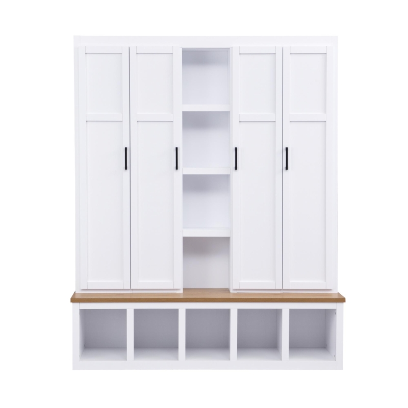 Rustic 4-in-1 Hall Tree Coat Rack with 4 Cabinets and 6 Sturdy Hooks, Shoe Storage Bench Unit for Mudroom, 63'' L x 15.5'' W x 76.5'' H, White