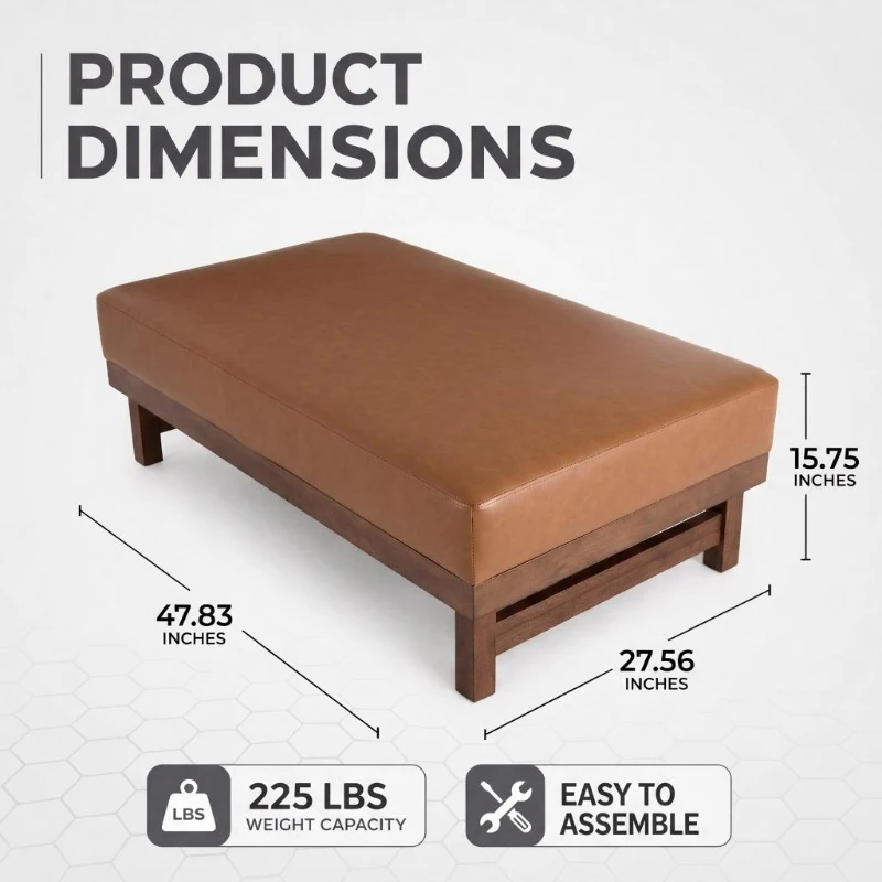 Sleek Large Ottoman with Faux Leather and Walnut Legs, Versatile Coffee Table for Living Room, 48" L × 27.5" W × 15.5" H, Light Brown