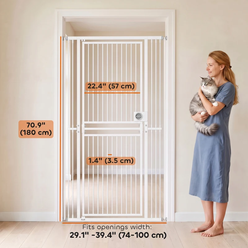 PawHut 71" Extra Tall Cat Gate,  29"-39" Wide Pet Gate with No Drilling, Narrow Spacing, Pull-Ring Latch, 2 Extension Kits
