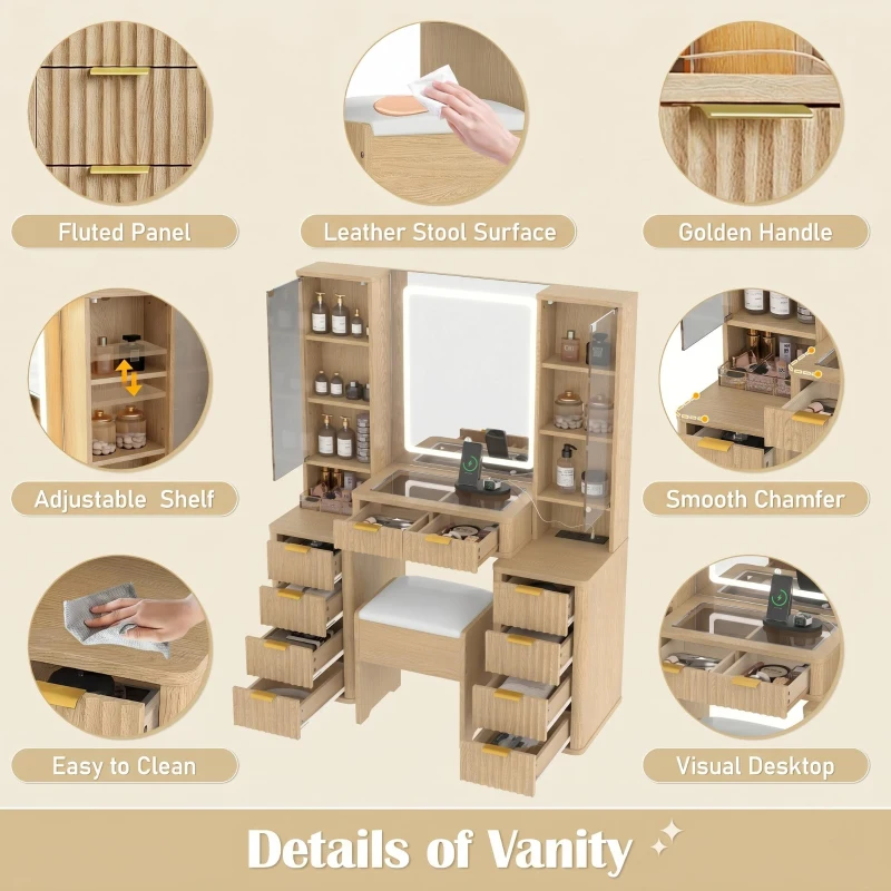 Elegant Fluted Dressing Vanity Desk with 3-Colour LED Mirror, Modern Makeup Table Unit with 10 Drawers, 43.5'' L x 15.5'' W x 54.5'' H, Oak