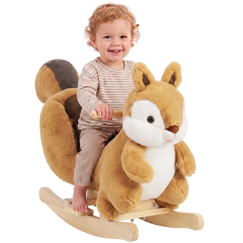 Qaba Rocking Horse for Toddlers 1-3 Years, Squirrel Baby Rocking Horse with Animal Sound, Safety Belt, Brown
