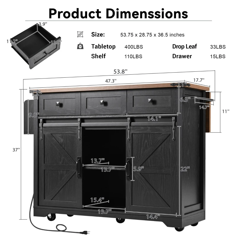 Farmhouse Kitchen Island with Power Outlet, Drop Leaf and Sliding Barn Doors, Versatile Rolling Cart for Kitchen, 53.5'' L x 18.5" W x 37" H, Black