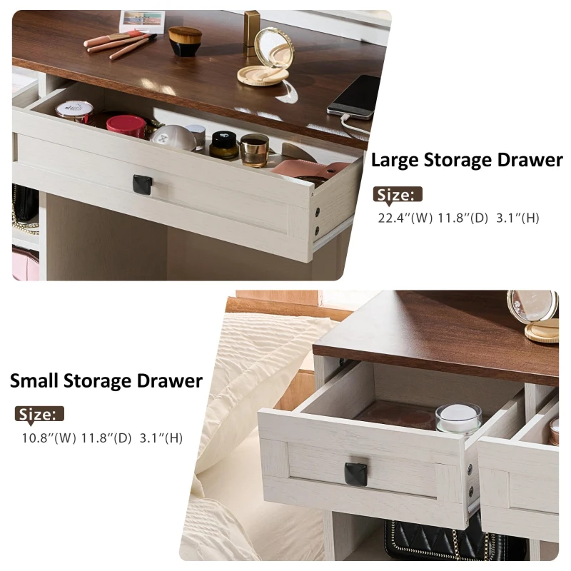 Farmhouse Makeup Vanity with LED Mirror and Outlet, Chic Dressing Table with Drawers and Stool, 37.5'' L x 15.5" W x 56" H, White+Walnut