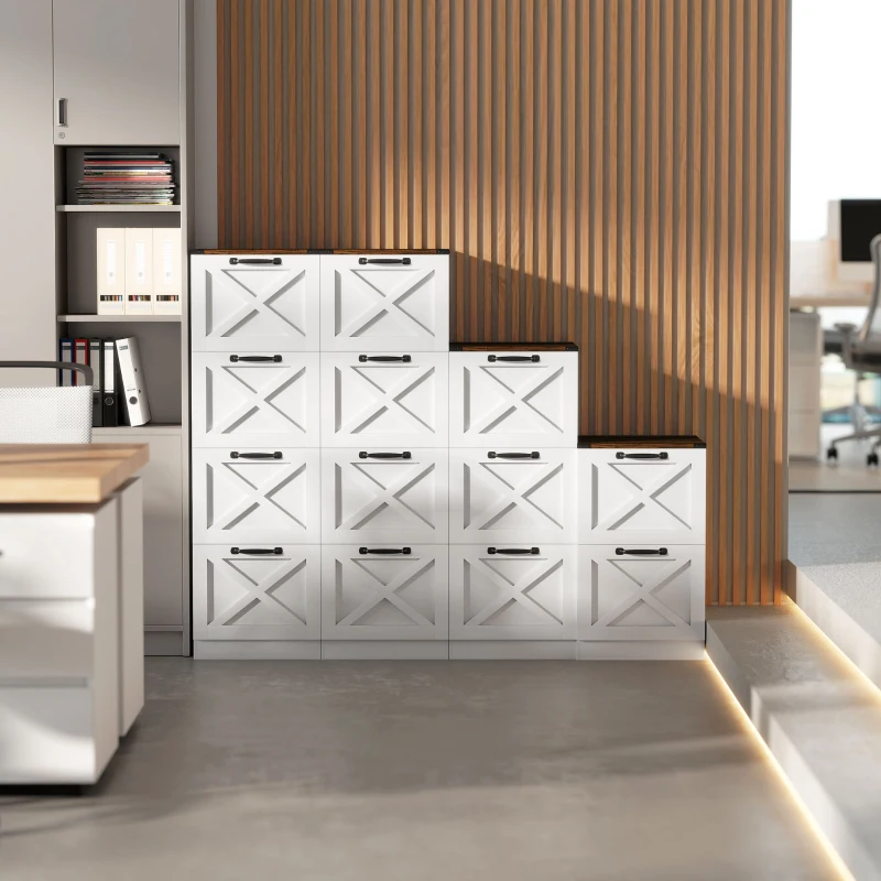 HOMCOM Vertical Storage Drawers Farmhouse X Pattern Printer Stand Fits Letter Files 4 Drawers White