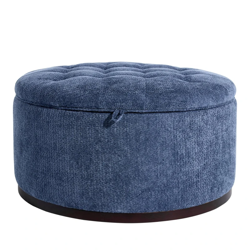 Elegant Round Storage Ottoman with Tufted Chenille and Removable Lid, Versatile Coffee Table for Living Room, 28'' L x 28" W x 16.5" H, Blue