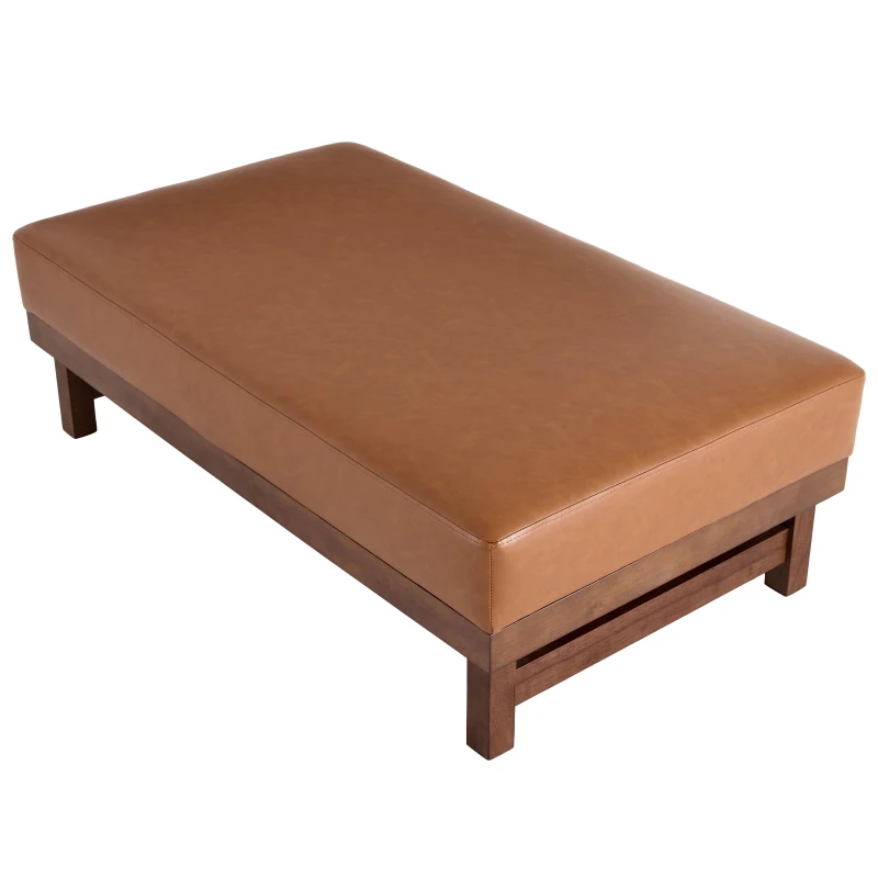 Sleek Large Ottoman with Faux Leather and Walnut Legs, Versatile Coffee Table for Living Room, 48" L × 27.5" W × 15.5" H, Light Brown