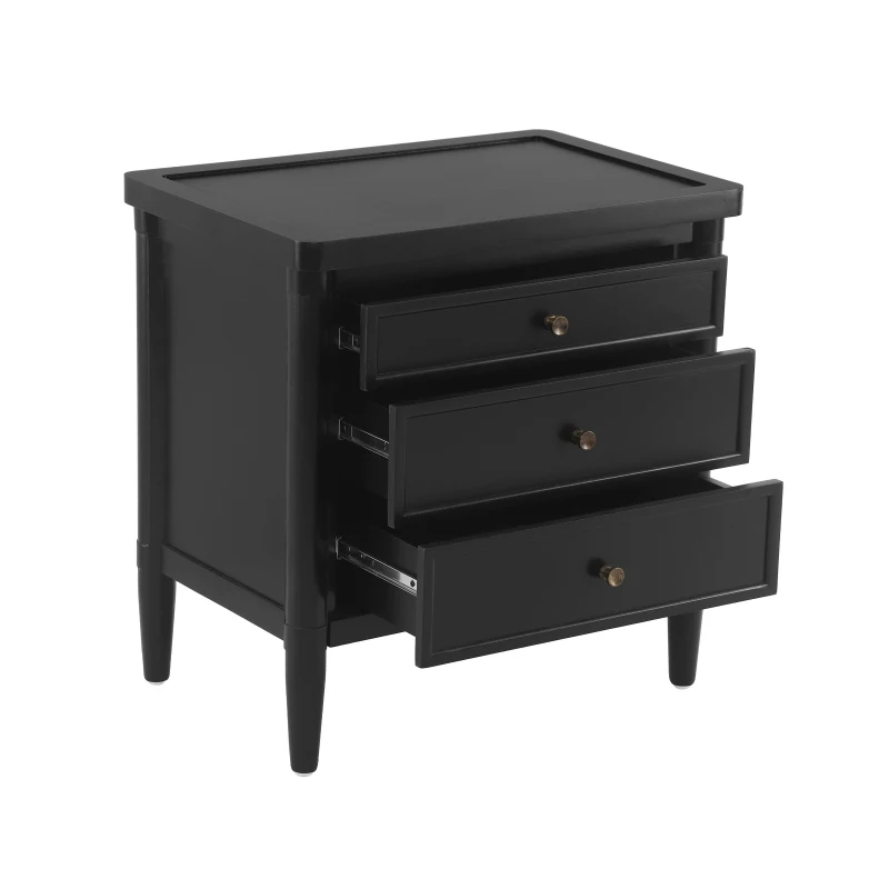 Modern Nightstand with 3 Drawers and Brass Handles, Chic Storage Cabinet with Solid Wood Frame, 23.5'' L x 15.5" W x 24.5" H, Black