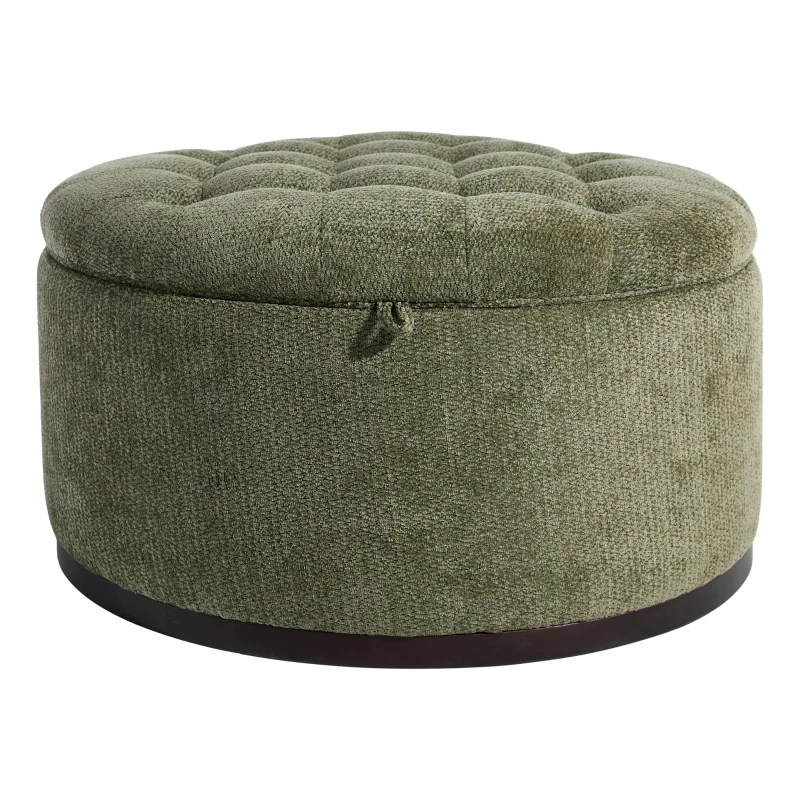 Elegant Round Storage Ottoman with Tufted Chenille and Removable Lid, Versatile Coffee Table for Living Room, 28'' L x 28" W x 16.5" H, Green