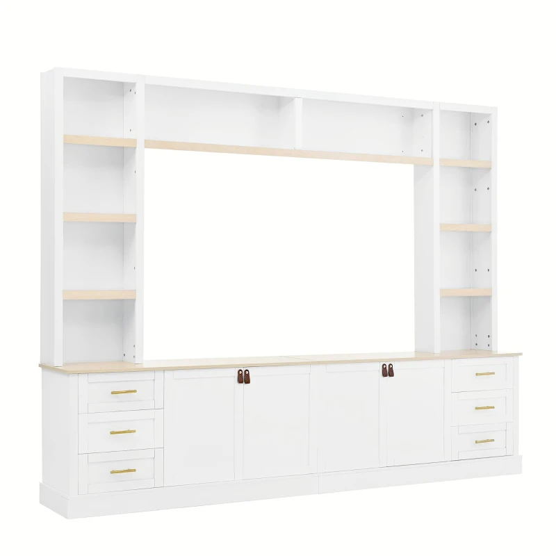 Rustic Farmhouse Entertainment Centre with 6 Storage Drawers, Modern TV Wall Unit with Adjustable Shelves, 98.5'' L x 15.5'' W x 79.5'' H, White