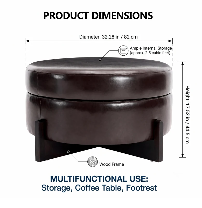 Stylish Round Storage Ottoman with Leather Upholstery, Versatile Coffee Table for Living Room and Bedroom, 32'' L x 32" W x 17.5" H, Dark Brown