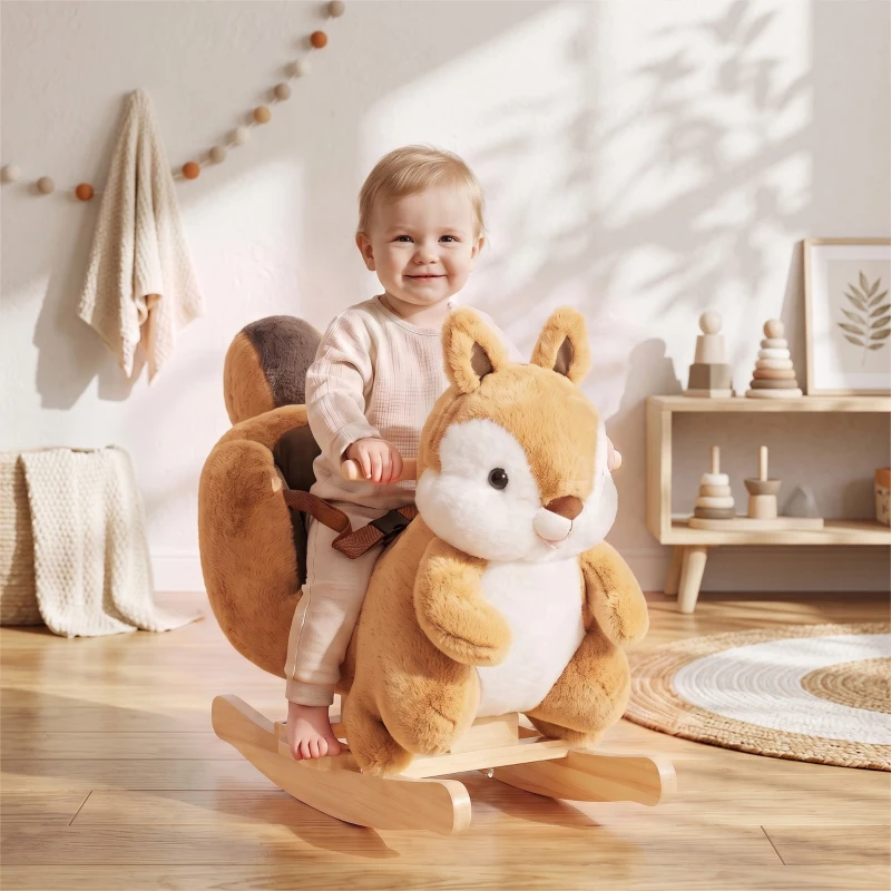 Qaba Rocking Horse for Toddlers 1-3 Years, Squirrel Baby Rocking Horse with Animal Sound, Safety Belt, Brown
