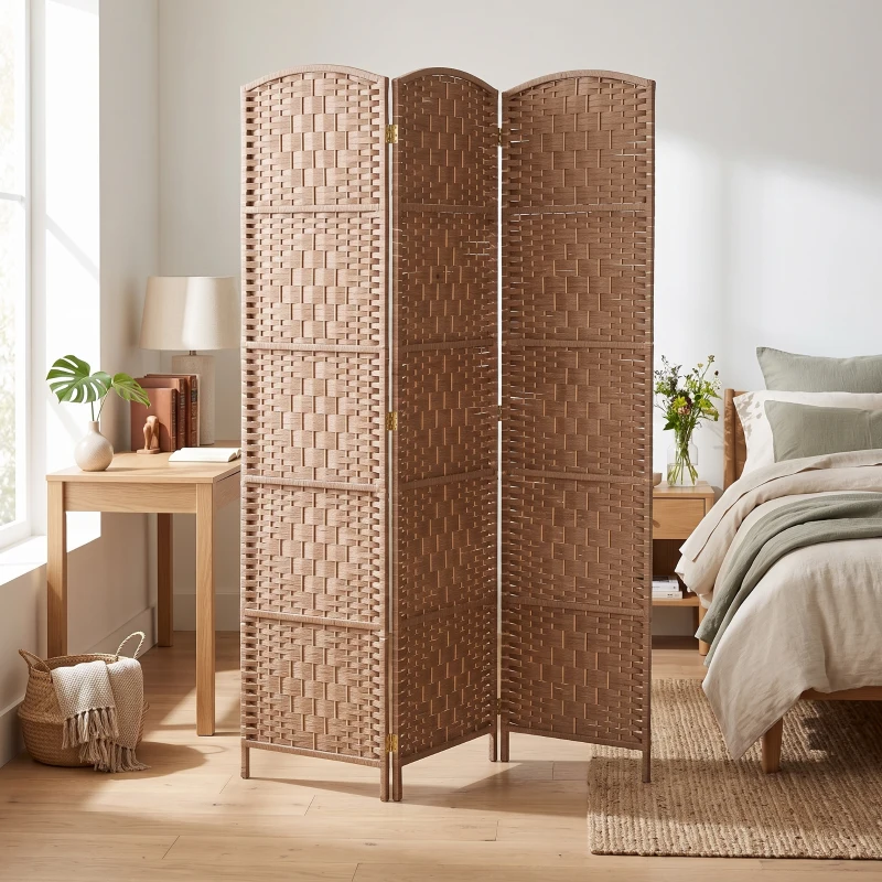 HOMCOM 6' Tall Wicker Weave 3 Panel Room Divider Wall Divider, Natural Wood