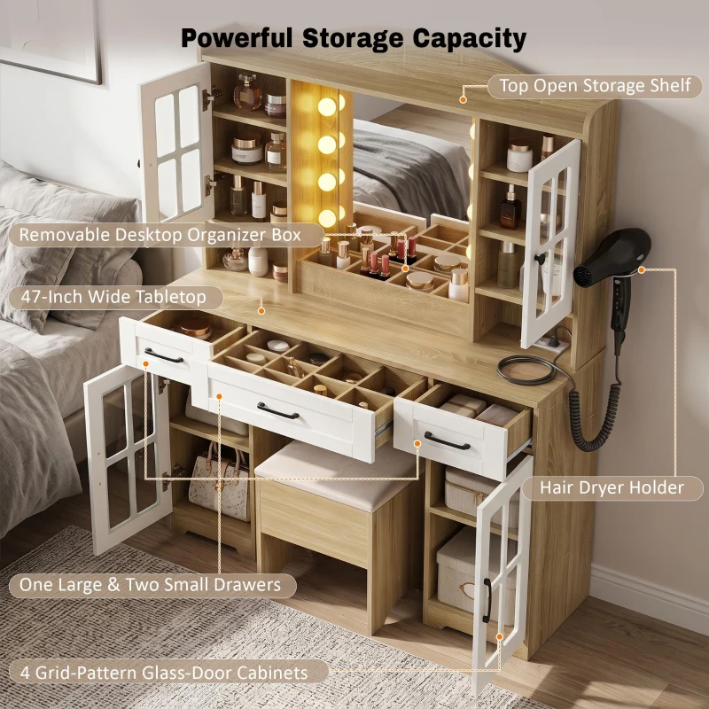 Farmhouse Makeup Vanity with Lighted Mirror and Outlet, Chic Dressing Table with Drawers and Stool, 47'' L x 15.5" W x 61.5" H, Natural+White