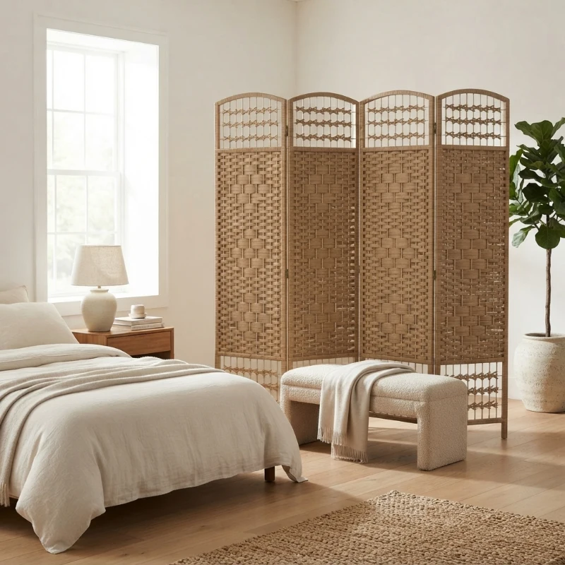 HOMCOM 4 Panel Folding Room Divider Portable Privacy Screen Wave Fiber Room Partition for Home Office Natural