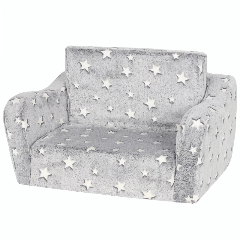 Qaba Kids Couch, 2 in 1 Toddler Couch with Glow in the Dark Stars, Sit to Lie, Ready from Box for Bedroomfor 18-48 M, Grey
