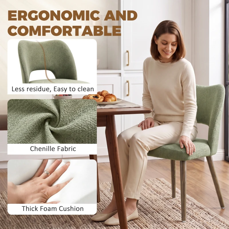 HOMCOM Dining Chairs Set Upholstered Kitchen Chenille Tool Free Assembly Rubberwood Legs, Green