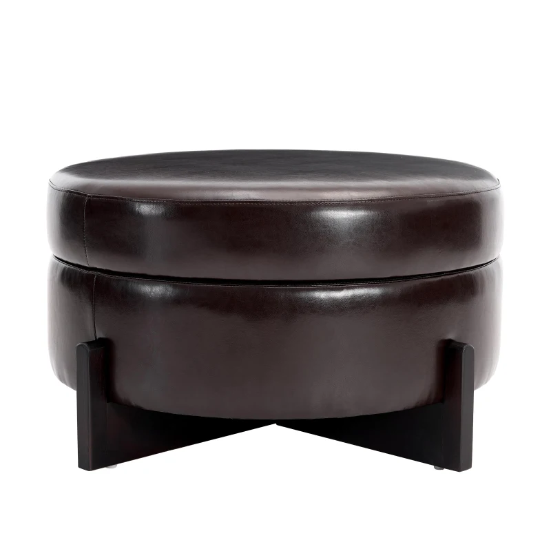 Stylish Round Storage Ottoman with Leather Upholstery, Versatile Coffee Table for Living Room and Bedroom, 32'' L x 32" W x 17.5" H, Dark Brown