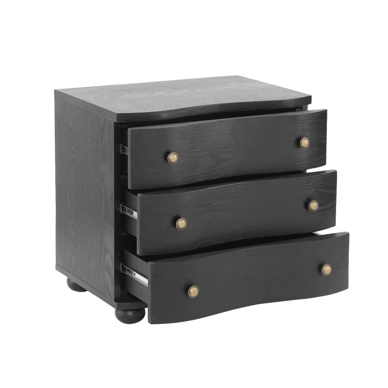 Retro Modern Nightstand with 3 Wave Drawers, Wooden Bedside Storage Table with Bulbous Feet, 23.5'' L x 15.5'' W x 22.5'' H, Black