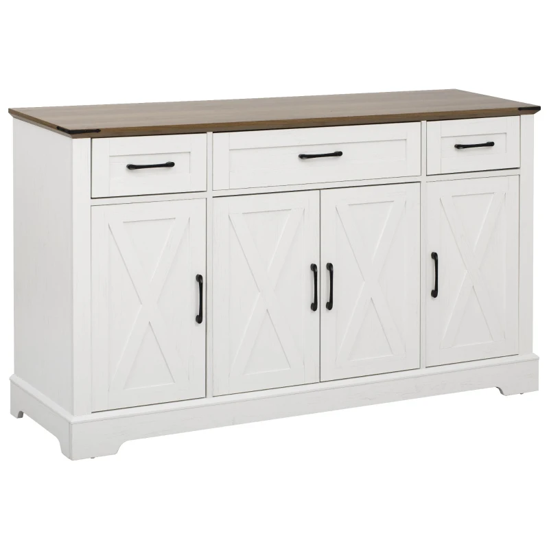Farmhouse Buffet Cabinet with Metal Hardware and Wood Grain, Sturdy Sideboard for Kitchen and Dining Room, 55'' L x 15.5" W x 32" H, Vintage White
