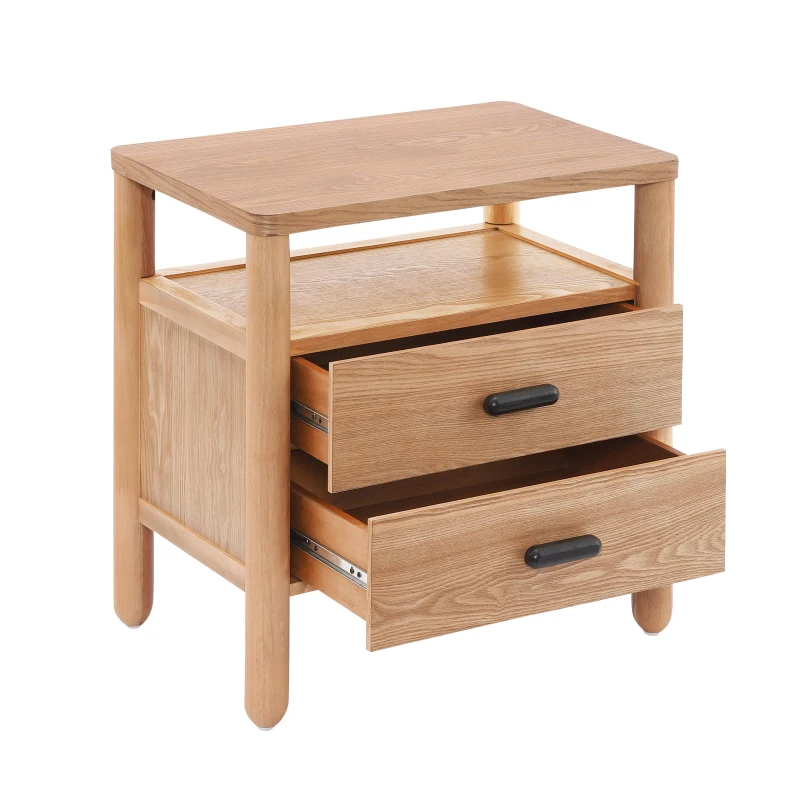 Modern Nightstand with Open Shelf and 2 Drawers, Wooden Bedside Storage Table Unit with Rounded Corners, 23.5'' L x 15.5'' W x 24'' H, Light Natural