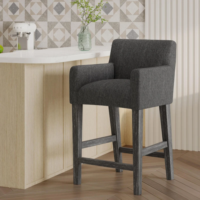 Modern Upholstered Counter Stool with Rounded Armrests, Soft Kitchen Stool with Rubberwood Frame, 23.5'' L x 23.5" W x 39.5" H, Charcoal