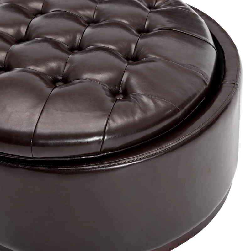 Elegant Round Storage Ottoman with Tufted Chenille and Removable Lid, Versatile Coffee Table for Living Room, 28'' L x 28" W x 16.5" H, Dark Brown