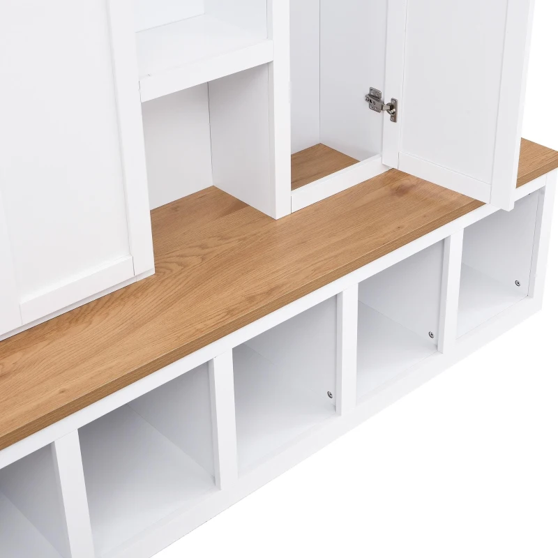 Rustic 4-in-1 Hall Tree Coat Rack with 4 Cabinets and 6 Sturdy Hooks, Shoe Storage Bench Unit for Mudroom, 63'' L x 15.5'' W x 76.5'' H, White