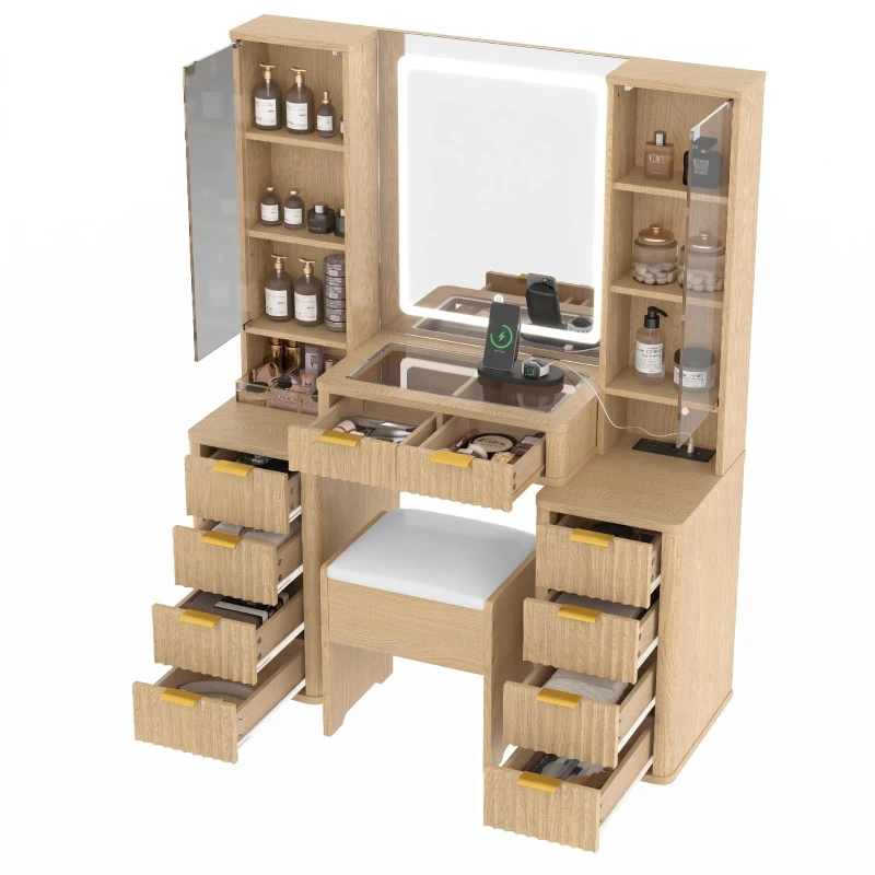 Elegant Fluted Dressing Vanity Desk with 3-Colour LED Mirror, Modern Makeup Table Unit with 10 Drawers, 43.5'' L x 15.5'' W x 54.5'' H, Oak