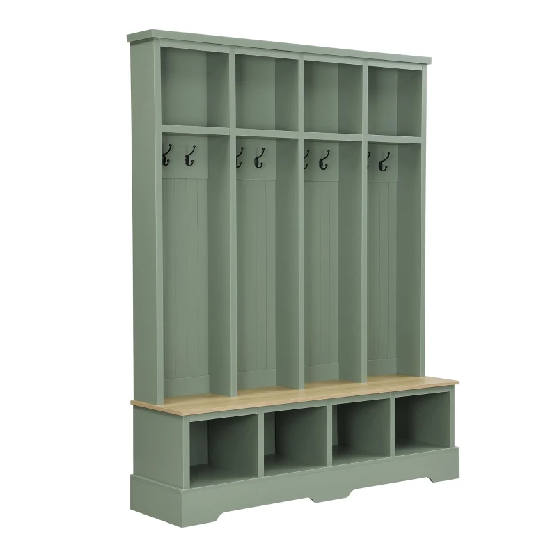 Farmhouse Hall Tree Coat Rack with 8 Retro Hooks, Shoe Bench Unit with 8 Storage Compartments, 59'' L x 15.5'' W x 76.5'' H, Mint Green