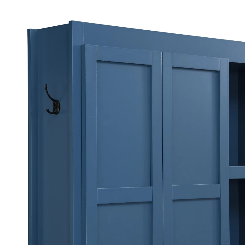 Rustic 4-in-1 Hall Tree Coat Rack with 4 Cabinets and 6 Sturdy Hooks, Shoe Storage Bench Unit for Mudroom, 63'' L x 15.5'' W x 76.5'' H, Blue