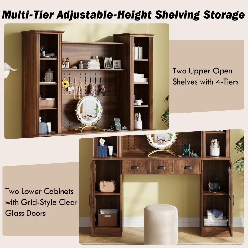 Farmhouse Makeup Vanity with LED Mirror and Power Outlet, Chic Dressing Desk with Jewelry Organizer, 54.5'' L x 15.5" W x 70" H, Walnut