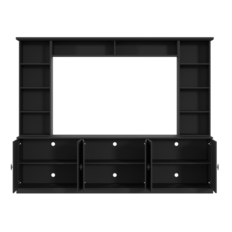 Mid-Century Entertainment Centre with 7 Adjustable Shelves, 4-Piece TV Wall Unit Console with 6 Cable Holes, 95.5'' L x 15.5'' W x 76.5'' H, Black