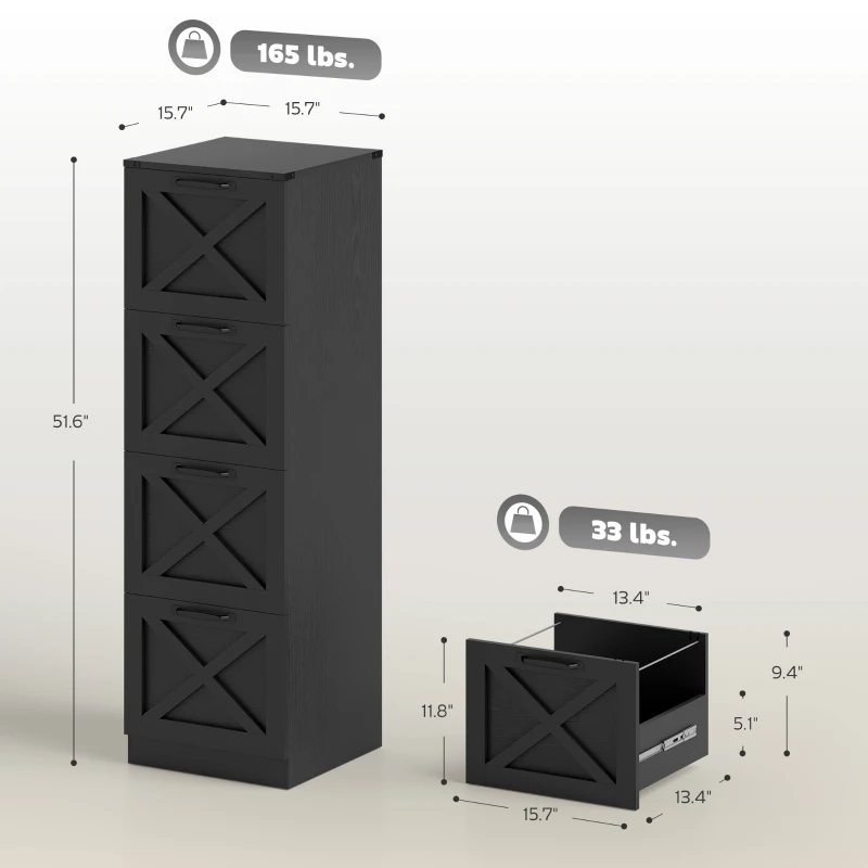 HOMCOM Vertical Storage Drawers Farmhouse X Pattern Printer Stand Fits Letter Files 4 Drawers Black