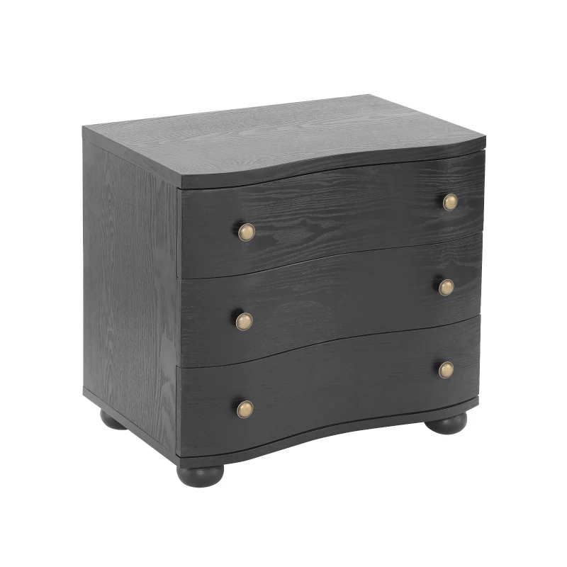 Retro Modern Nightstand with 3 Wave Drawers, Wooden Bedside Storage Table with Bulbous Feet, 23.5'' L x 15.5'' W x 22.5'' H, Black