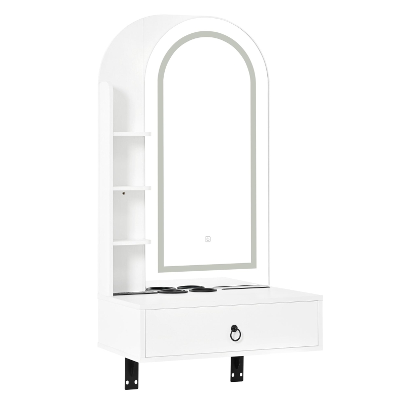 Modern Floating Makeup Vanity with Arched Mirror, Outlet and 3-Color Lights, Versatile Wall Vanity for Bedrooms, 23'' L x 15.5" W x 48" H, White