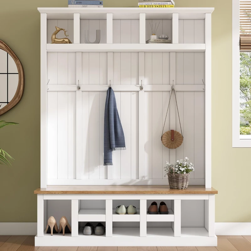Farmhouse Hall Tree Coat Rack with 13 Compartments, Shoe Storage Bench Unit with Wide Storage Seating Bench, 59'' L x 18'' W x 79'' H, White