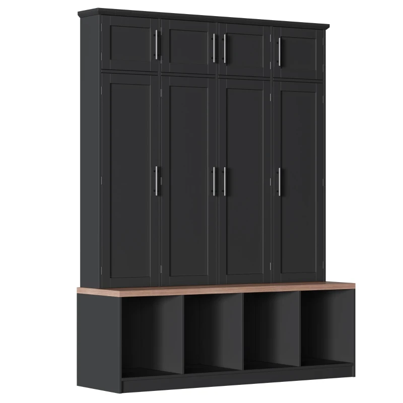 Rustic Farmhouse Hall Tree with 8 Storage Doors, Heavy-Duty Shoe Storage Bench Unit with 4 Bottom Compartments, 59'' L x 15.5'' W x 75'' H, Black