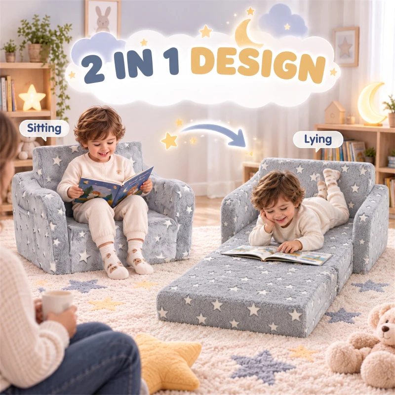Qaba Kids Couch, 2 in 1 Toddler Couch with Glow in the Dark Stars, Sit to Lie, Ready from Box for Bedroomfor 18-48 M, Grey