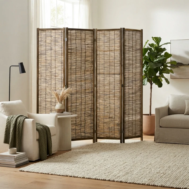 HOMCOM Hand Woven Room Divider, 4 Panel Folding Privacy Screen, Indoor Reed Partition Wall, 63"x67"x0.75", Brown