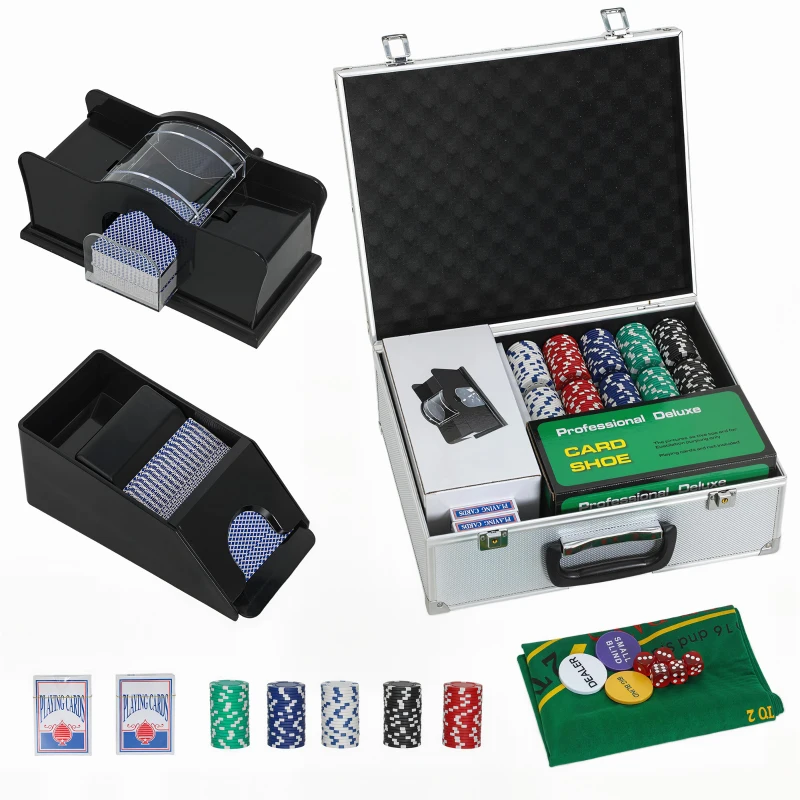 Soozier Poker Chip Set with Aluminum Case, Card Shuffler, 300 Chips, 2 Decks of Cards, Dealer Button for Texas Holdem Blackjack